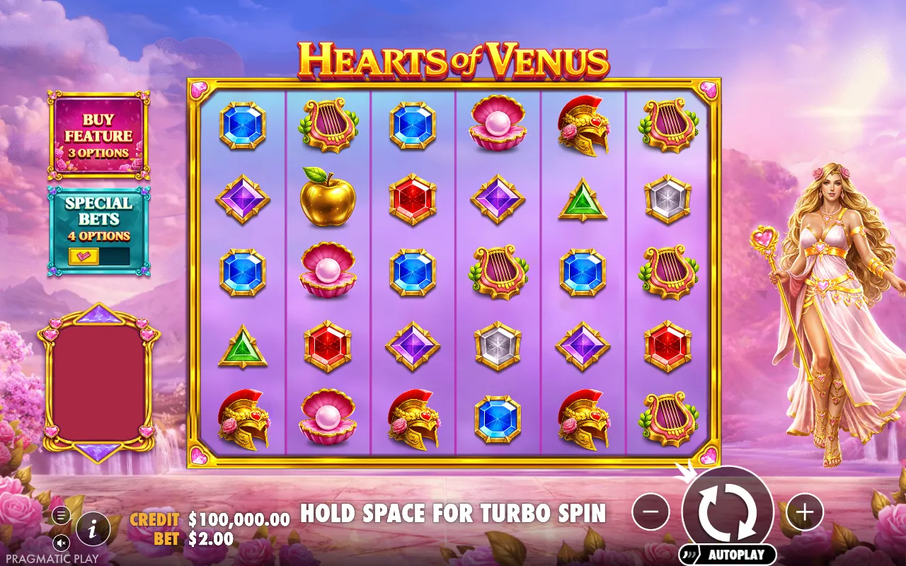 Hearts of Venus 6x5 grid of gems and golden apples with Venus standing beside the reels in a pink cloud sky