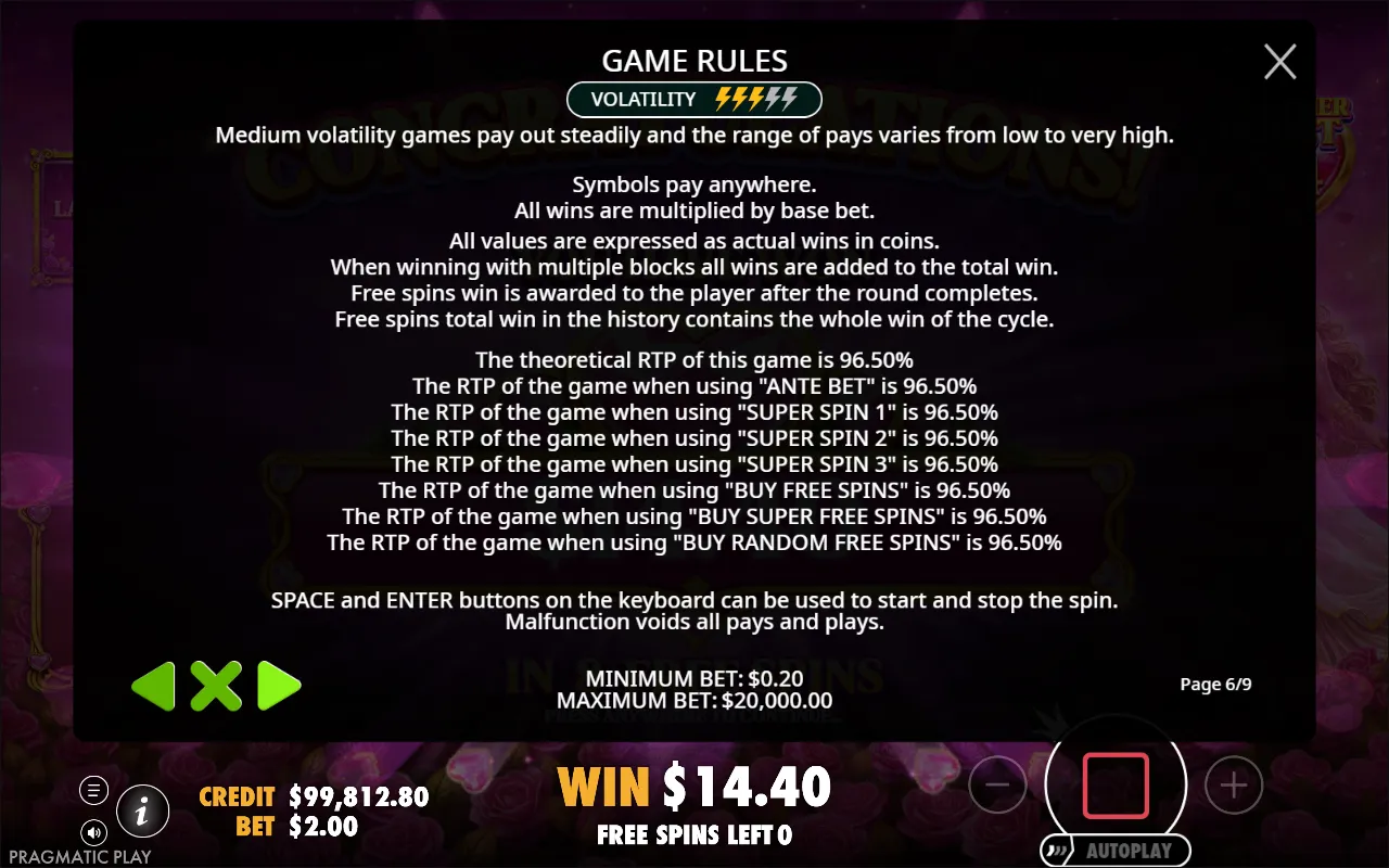 Hearts of Venus game rules page listing the RTP for every bet mode as 96.50%