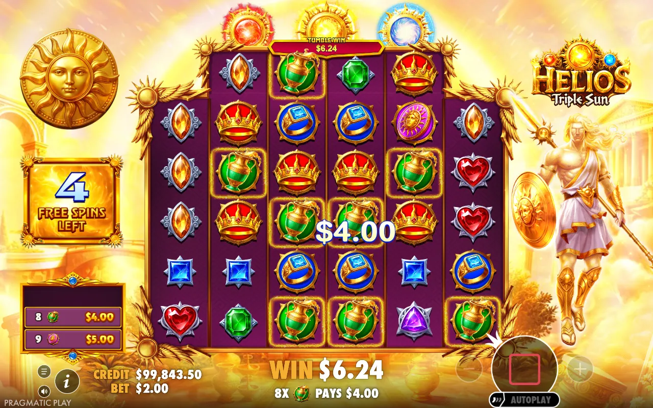 Helios Triple Sun free spins on a gold background, reels two to five running six symbols deep