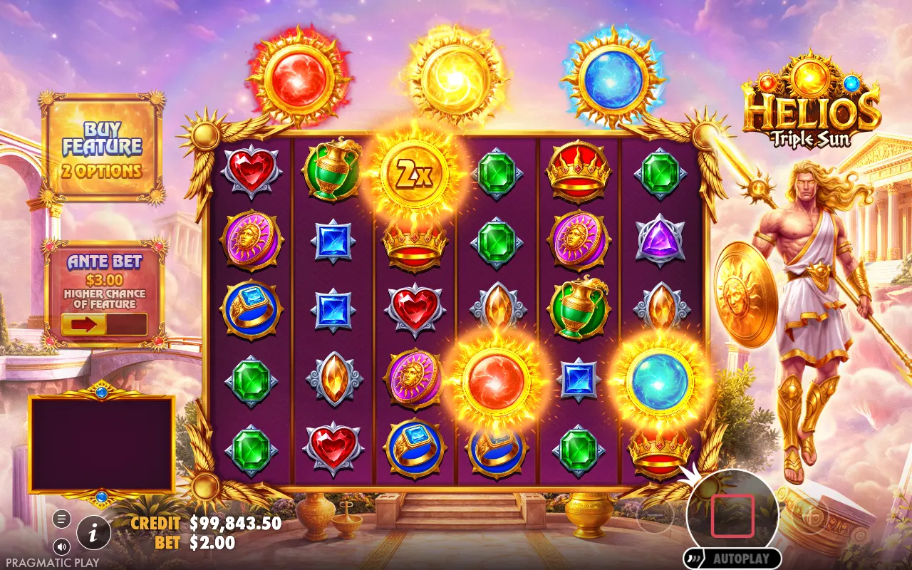 Helios Triple Sun bought round starting, red gold and blue suns on the reels with the gold sun showing 2x