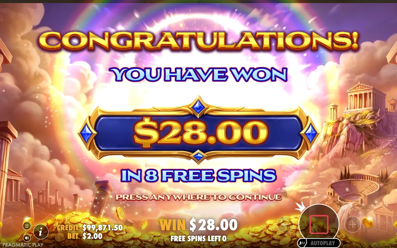 Helios Triple Sun free spins result screen reading you have won $28.00 in 8 free spins