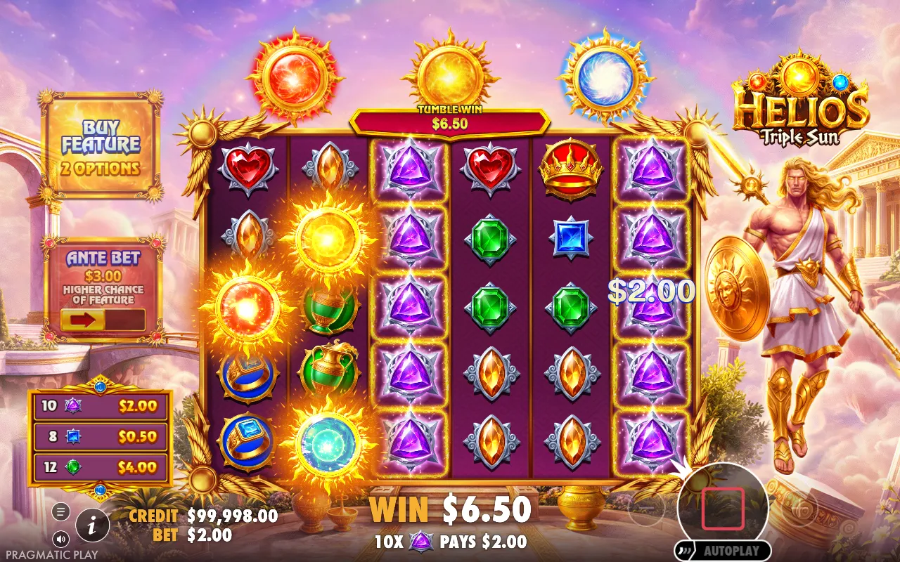 Helios Triple Sun 6x5 grid mid-tumble with a $6.50 win, red gold and blue suns landed on the left reels