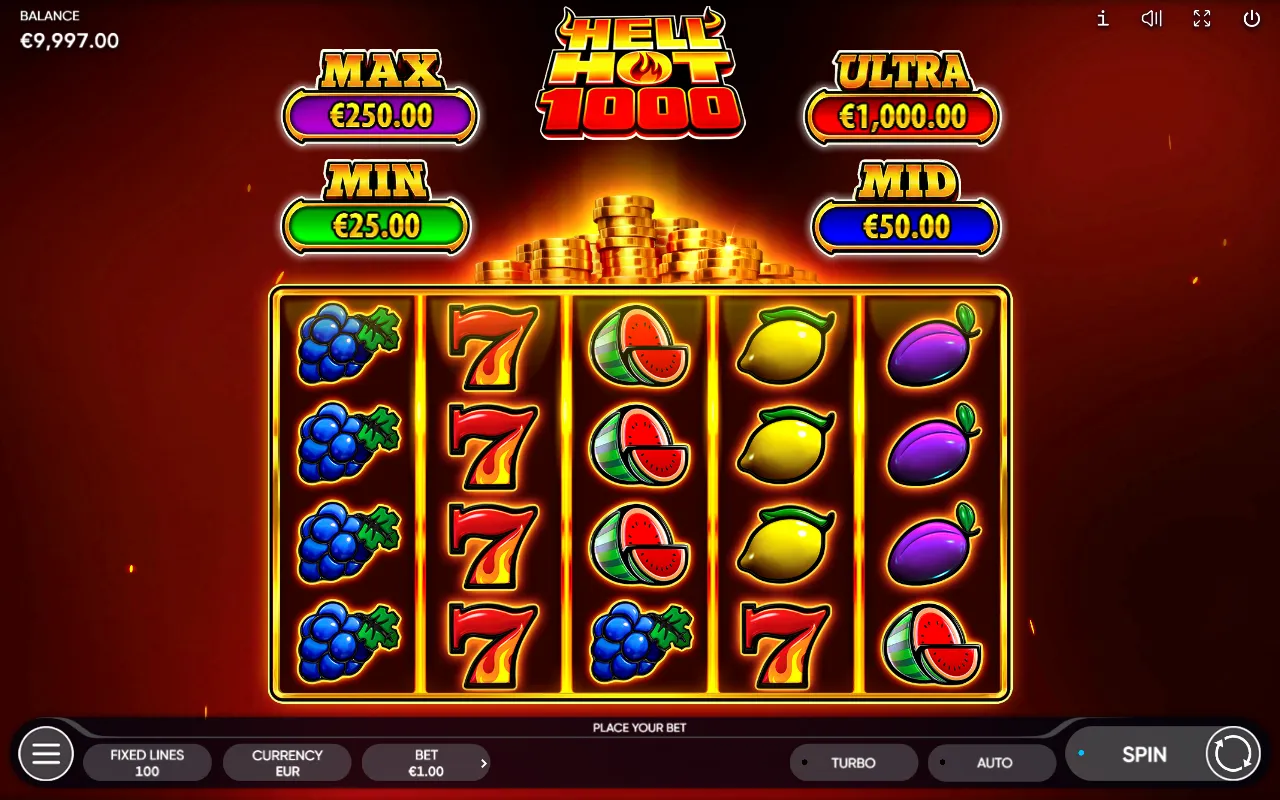 Hell Hot 1000 5x4 grid with grapes filling reel one, sevens filling reel two, watermelons on reel three and the award plaques above