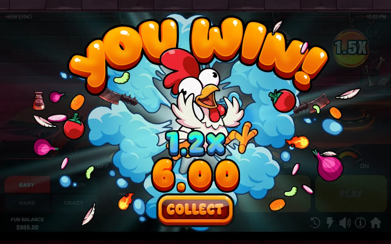 Henferno cash-out card, the hen bursting from a steam cloud above a 1.2X multiplier and a 6.00 win with a COLLECT button.