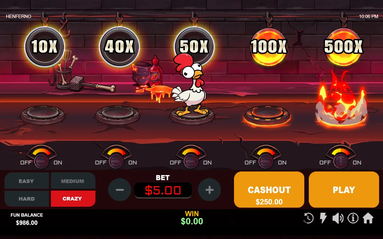 Henferno on CRAZY difficulty, six plates survived to a 50X pan and a $250.00 cash-out, with the 500X plate burning ahead.