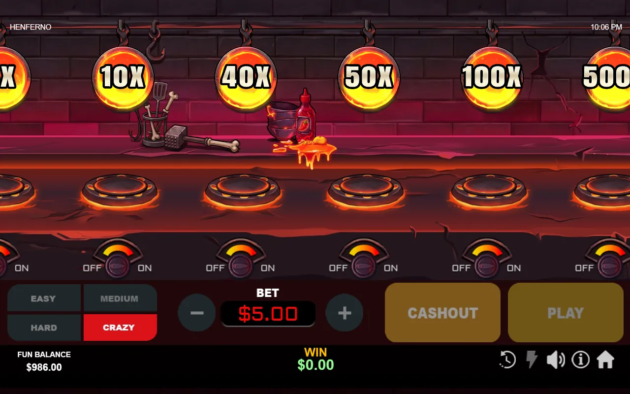 Henferno after the hen hit a burner, the playfield empty, every multiplier pan relit and the win counter back to $0.00.