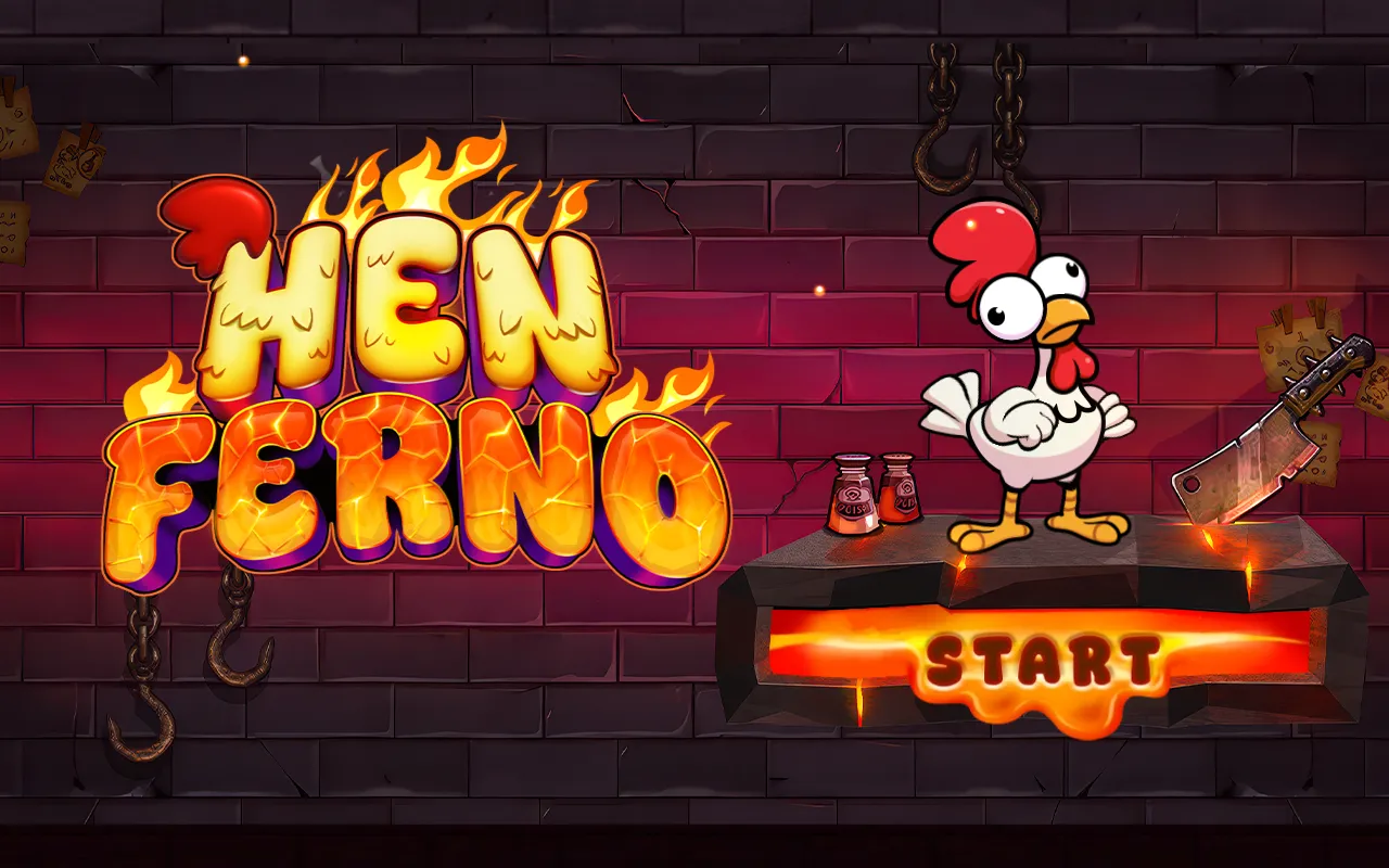 Henferno title screen by RealTime Gaming, cracked-lava logo with a cartoon hen beside a cleaver and a single START button.