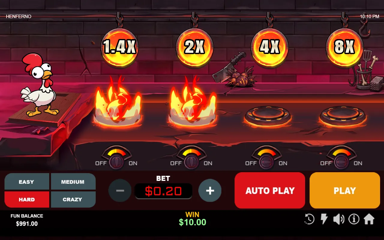 Henferno HARD difficulty ladder showing 1.4X, 2X, 4X and 8X pans above the lava-lit hot plates.