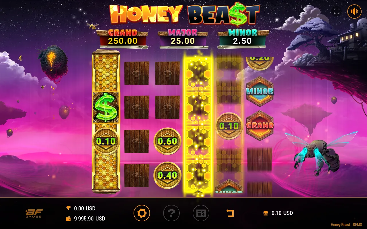 Feature reels at night with a collector on reel one and Minor and Grand reward symbols on reel six