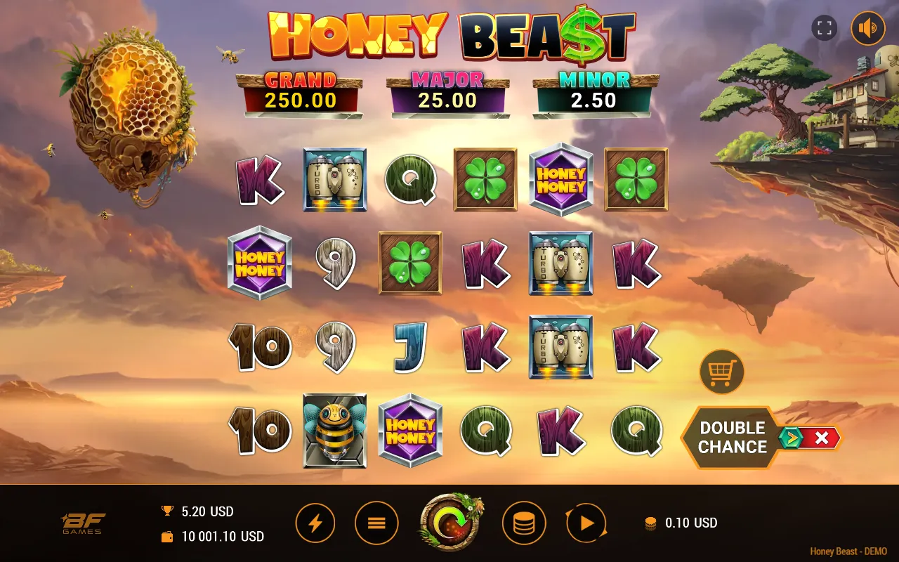 Base game reels showing three purple Honey Money hexagon symbols on reels one, three and five