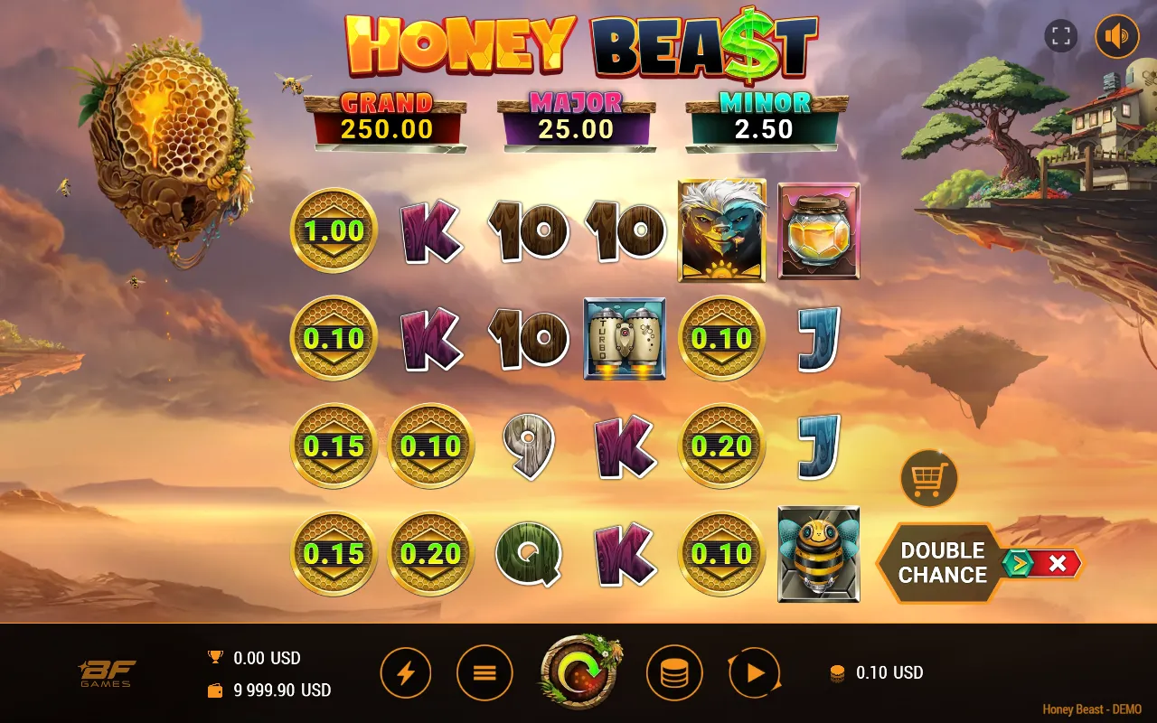 Base game grid with nine gold coin symbols showing values from 0.05 to 1.00 and an empty win box
