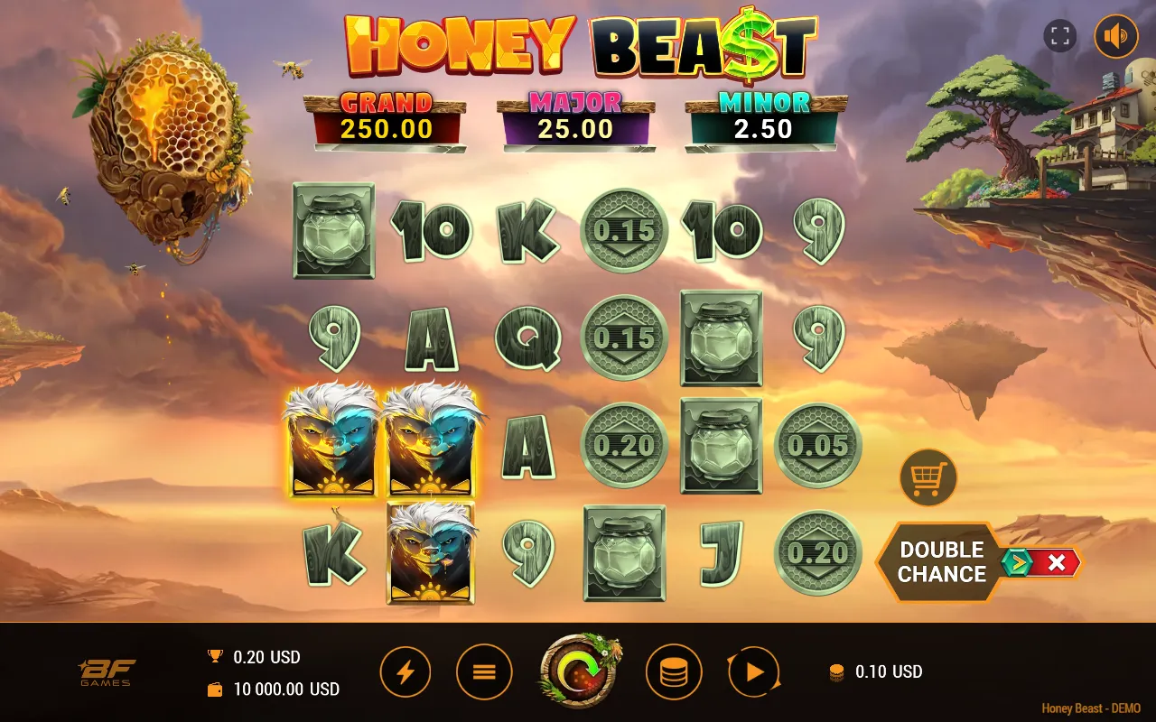 Base game grid with two badger head symbols on reel one and reel two and five coin symbols