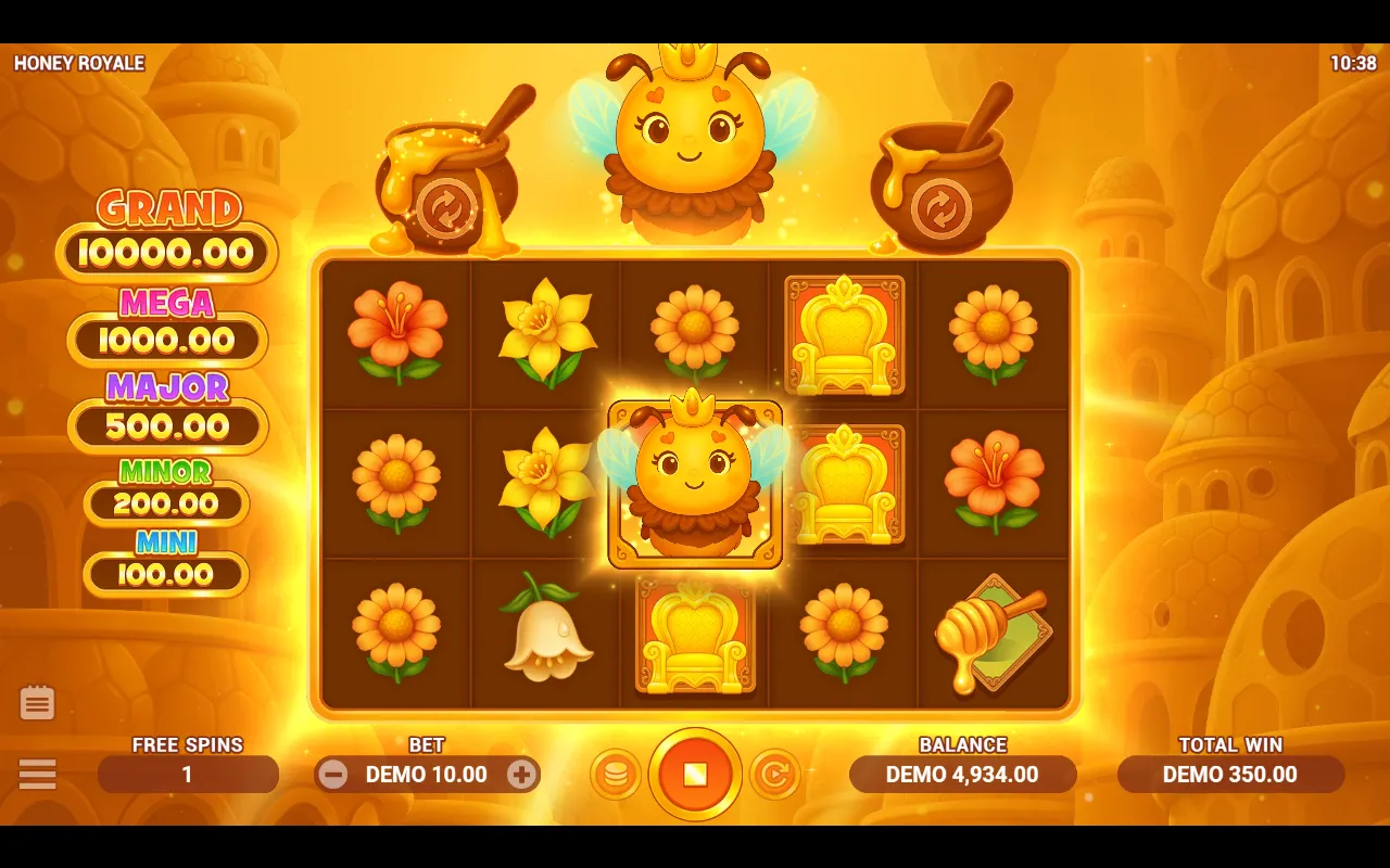 Honey Royale free spin with the Queen Bee locked in the centre cell, one honeypot glowing, free spins counter at 1 and a total win of DEMO 350.00