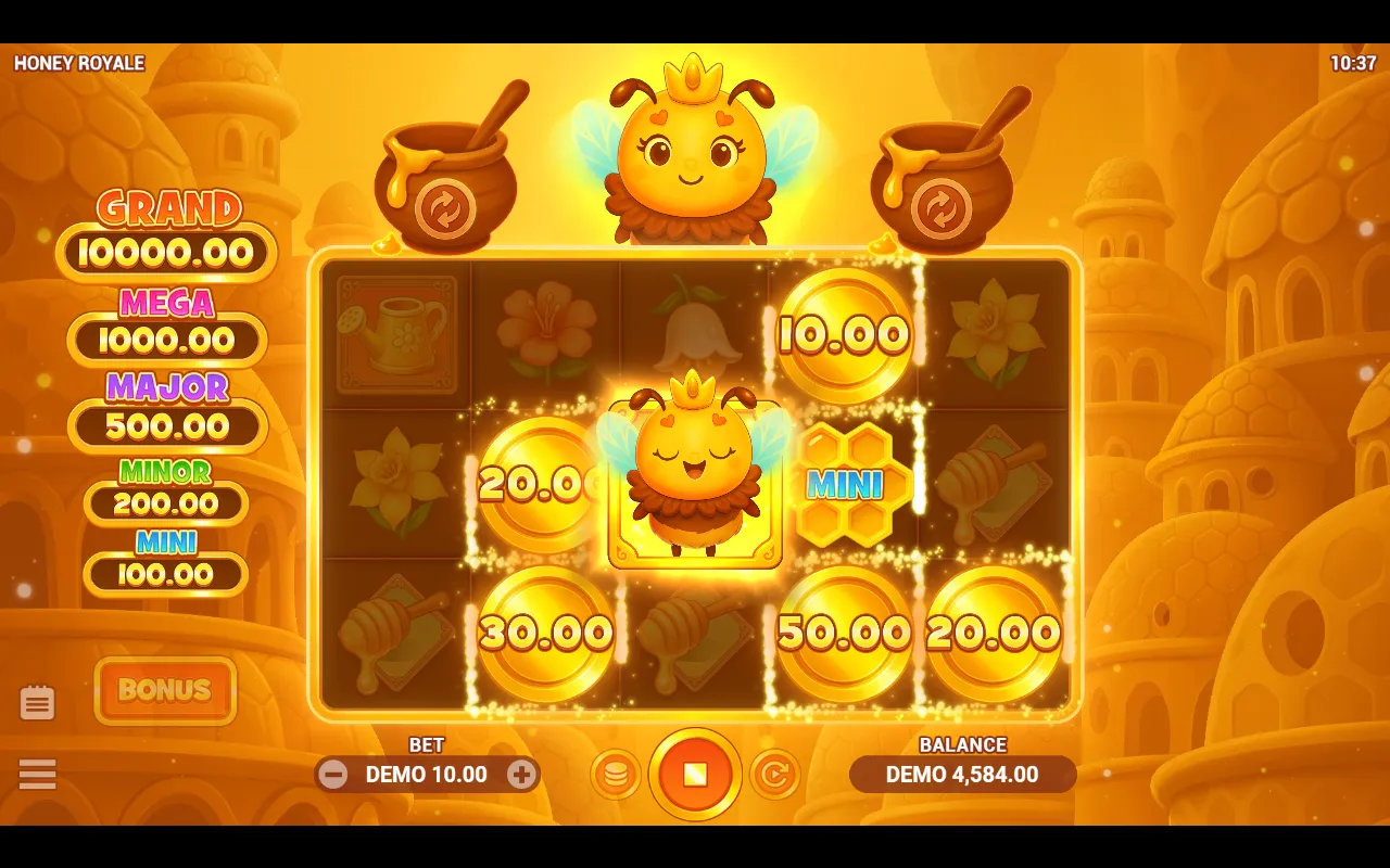 Honey Royale purchase spin with the Queen Bee surrounded by five gold coins reading 10.00, 20.0, 30.00, 50.00 and 20.00 plus a MINI jackpot padlock