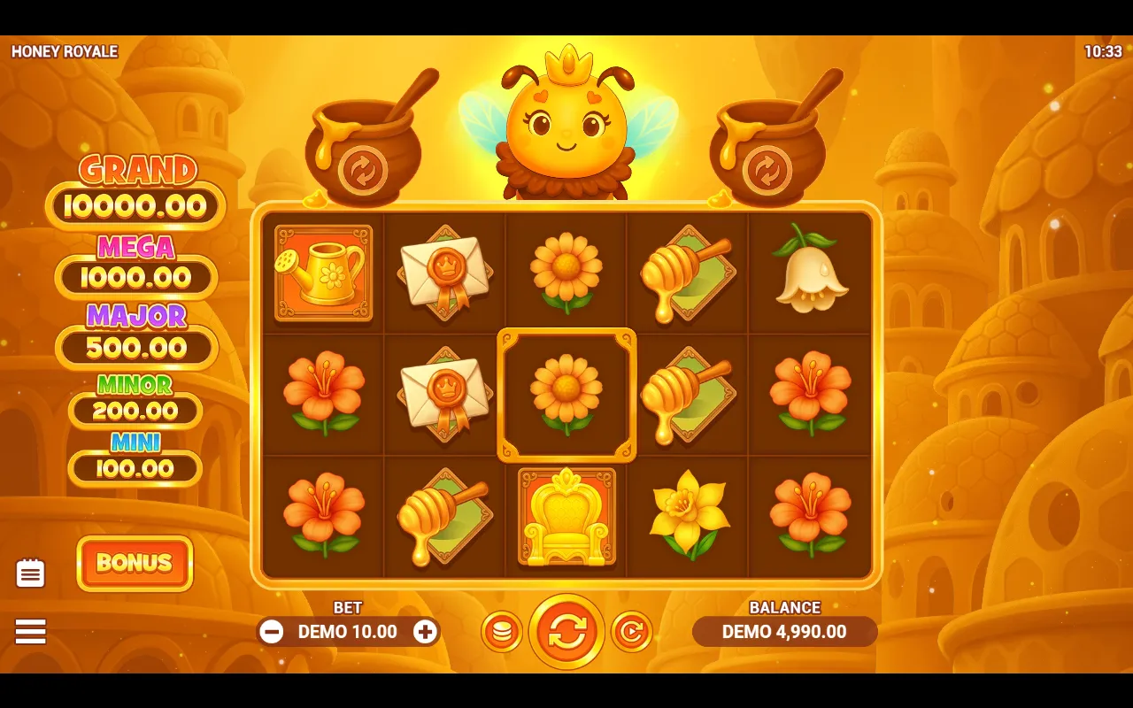 Honey Royale 5x3 grid of flower and gilded royal symbols with the five colour-coded jackpot plaques from GRAND down to MINI