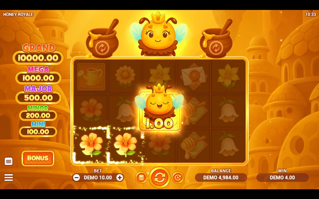 Honey Royale reels with the Queen Bee wild lit in the centre cell of reel three and a payline of orange hibiscus flowers highlighted below