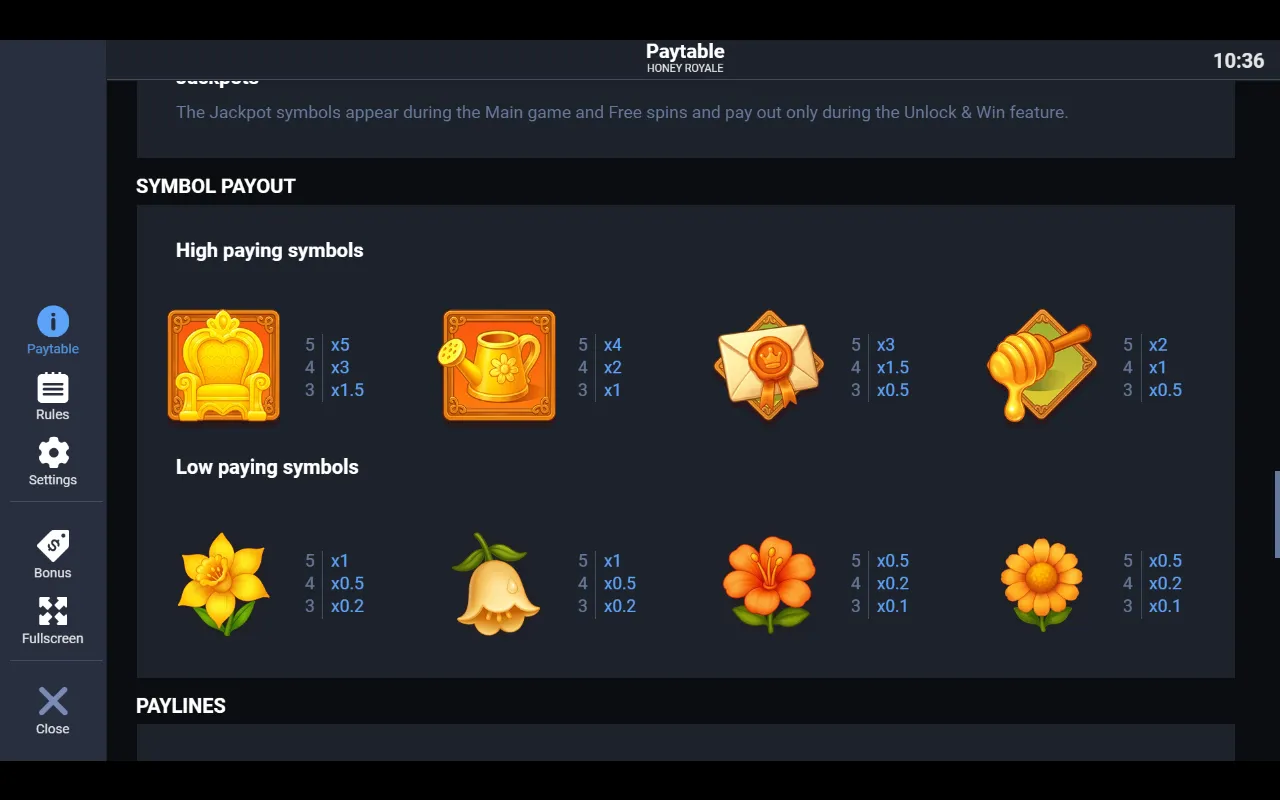 Honey Royale symbol payout page showing four high-paying royal objects and four flowers with their multiplier values