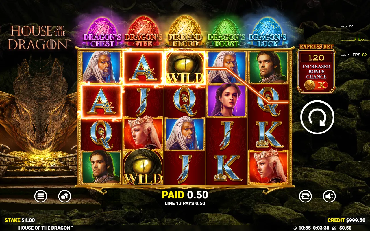 House of the Dragon 5x4 grid with a winning payline through a dragon-eye wild and the five bonus egg pots lit above the reels