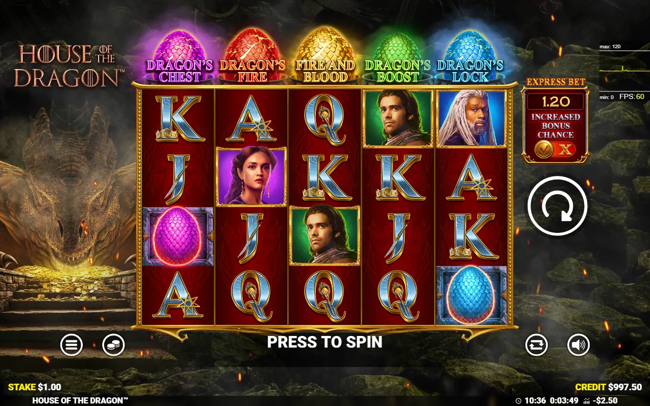 Two dragon egg bonus scatters landed on reels one and five with no feature triggered