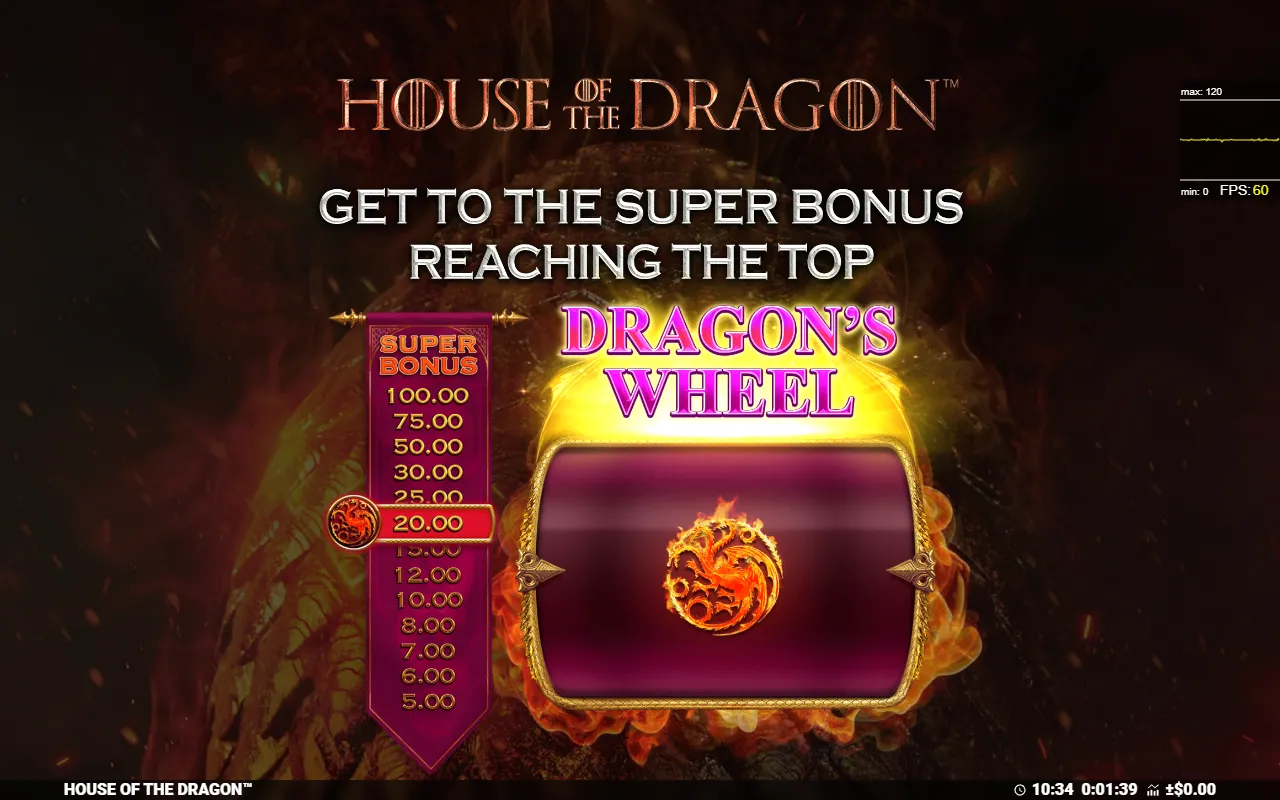 The Dragon's Wheel ladder showing cash values from 5.00 to 100.00 with SUPER BONUS at the top