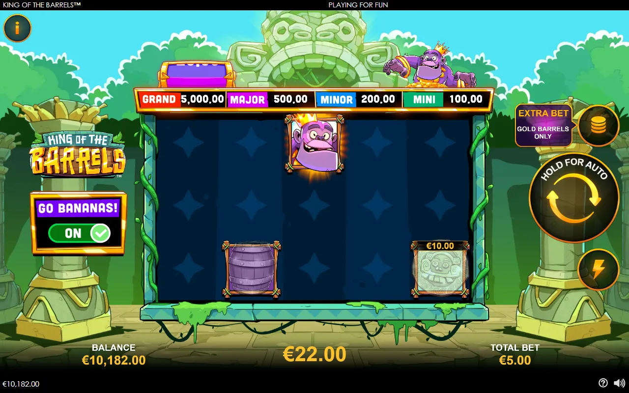 A single gorilla on reel 3 with a greyed-out barrel on reel 2 and a spent coin marked 10.00 on reel 5, total win 22.00