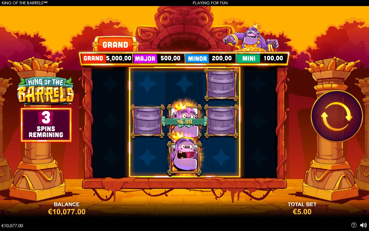 Free games on a 3x3 board with reels 1 and 5 dimmed, two sticky gorillas on reel 3, four spent barrels around them and a running total of 46.00