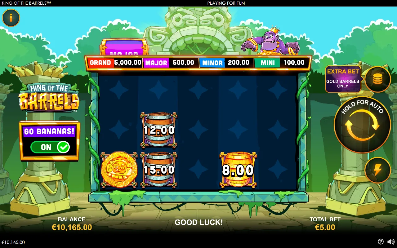 Go Bananas mode with only a coin, two stacked wooden barrels marked 12.00 and 15.00 and a gold barrel marked 8.00 on an otherwise empty board