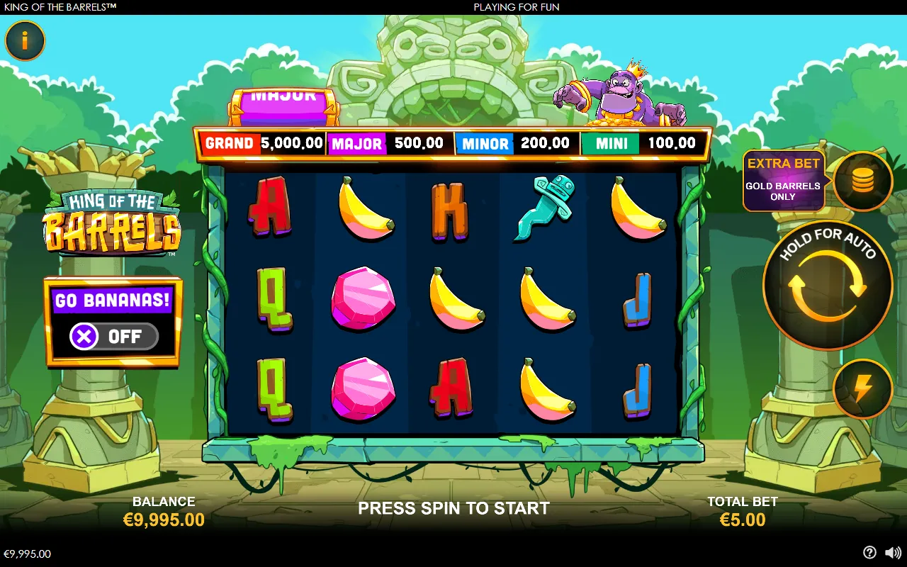 Base game board with five banana symbols spread across reels 2 to 5 and no banana on reel 1, no win registered