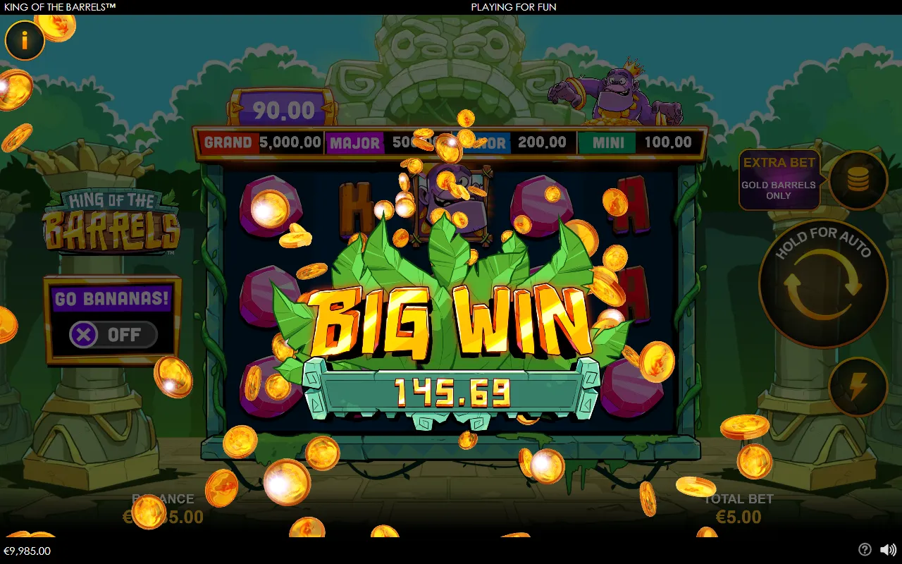 Big Win banner reading 145.69 counting up over a board of pink gem symbols