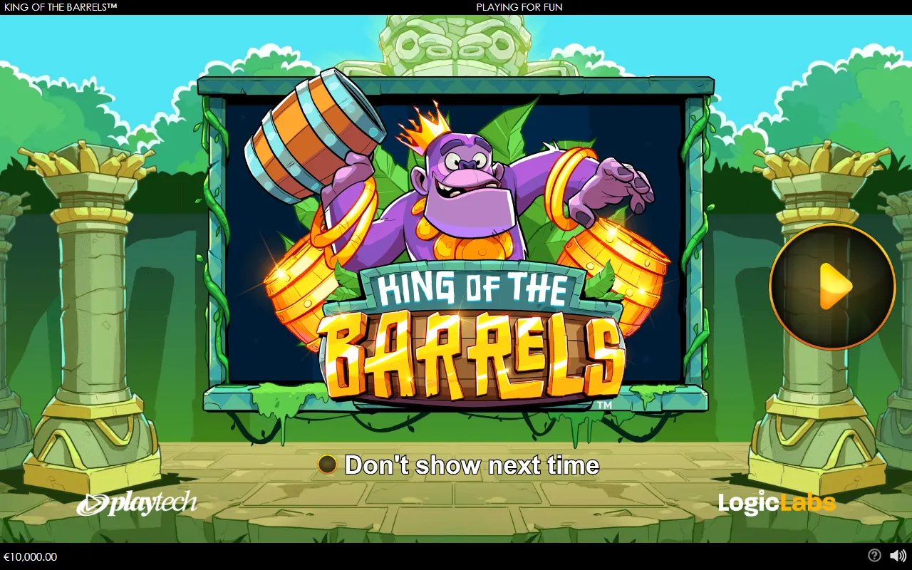 King of the Barrels entry screen with a crowned purple gorilla holding a barrel, Playtech and LogicLabs logos below