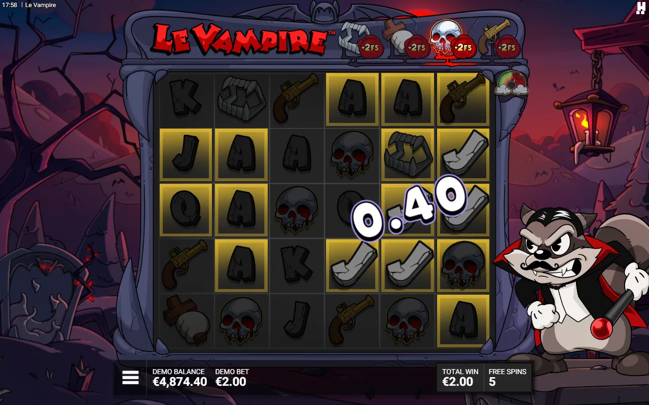 Coffin Break free spins with a four-slot Symbol Bar above the grid, an Epic skull in play and a dozen squares lit gold