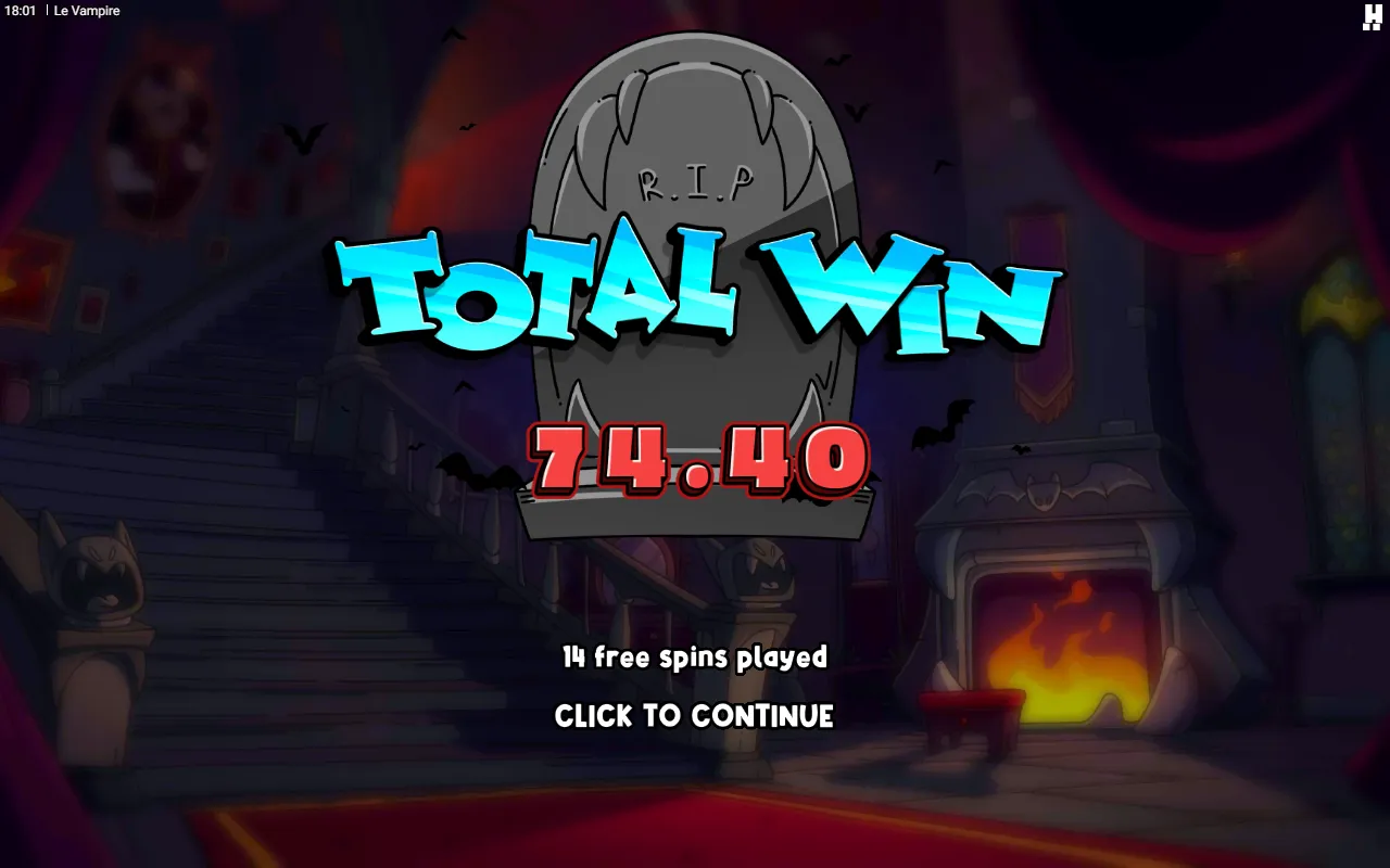 Coffin Break end card reading Total Win 74.40 and 14 free spins played