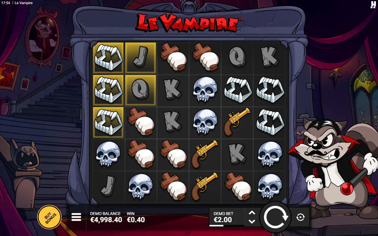 Le Vampire 6x5 grid with five squares lit gold in the top-left corner after a small cluster win