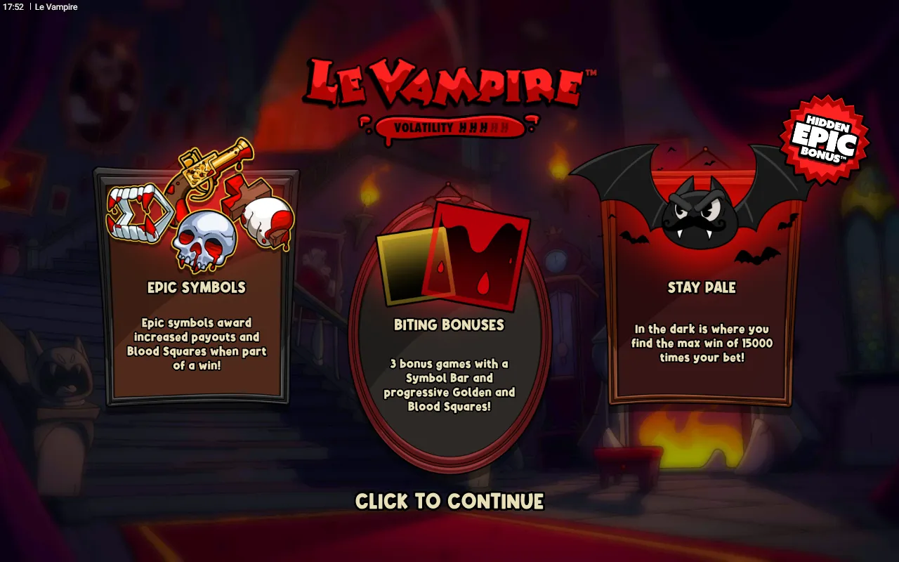 Le Vampire intro screen with three feature cards, a volatility meter and a Hidden Epic Bonus badge