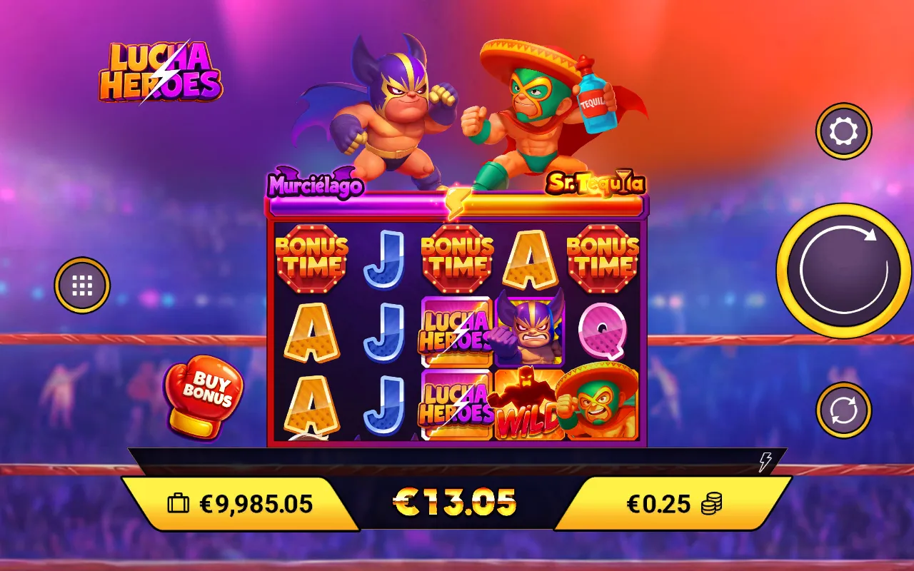 Lucha Heroes base game with three BONUS TIME scatters and a total win of 13.05 euro
