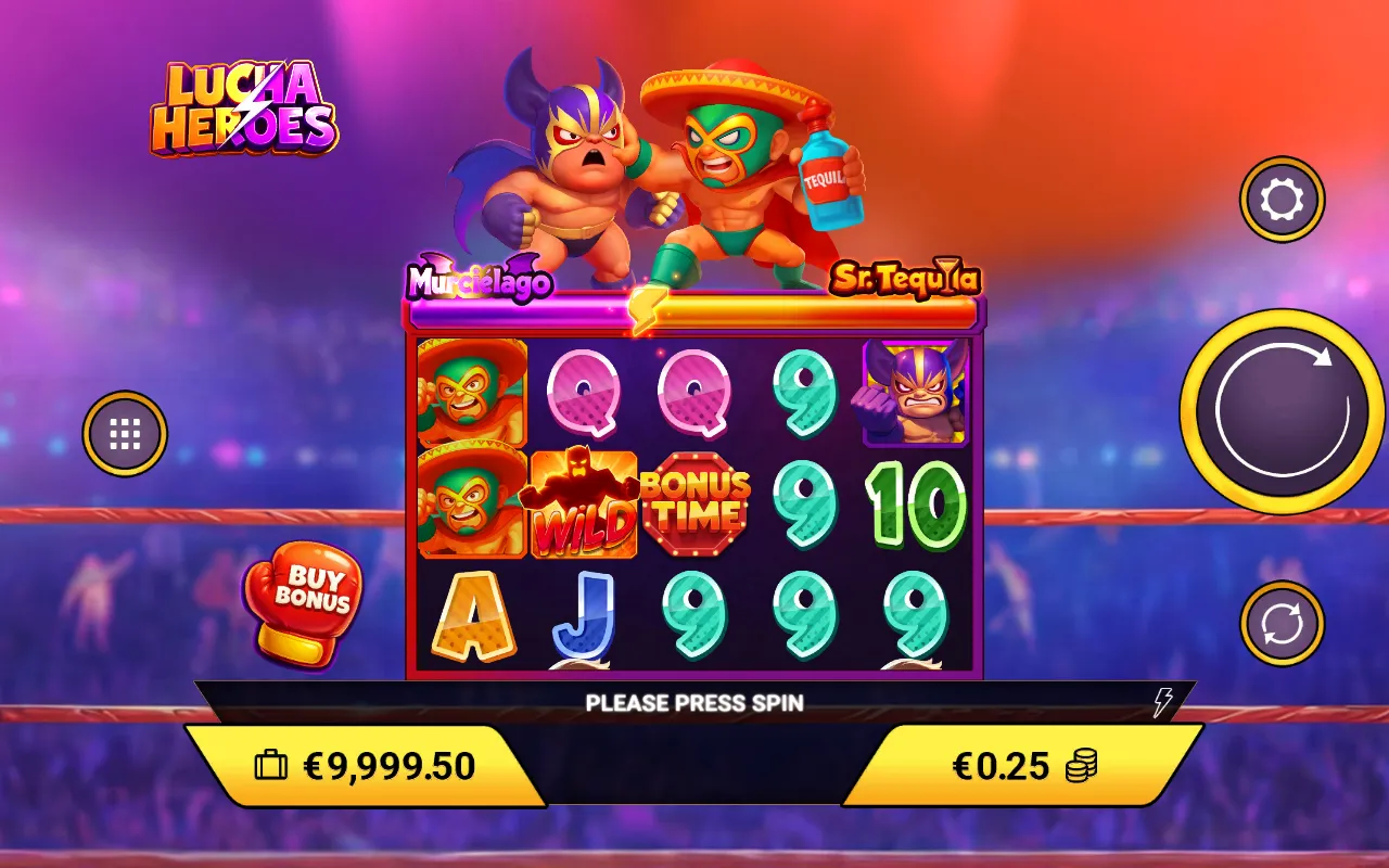 Lucha Heroes 5x3 grid with a wild on reel two and a BONUS TIME scatter on reel three