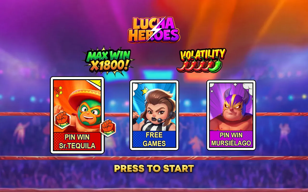 Lucha Heroes splash screen with MAX WIN X1800, a chilli volatility meter and three feature cards