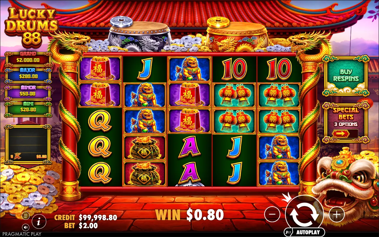 Base game screen with a win of $0.80 for nine K symbols scattered across the 5x5 grid