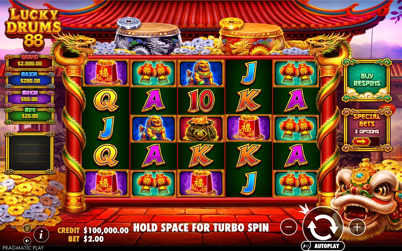 Lucky Drums 88 base game with the 5x5 grid, the silver and gold drums on the temple roof above, and the four jackpot plaques beside the reels