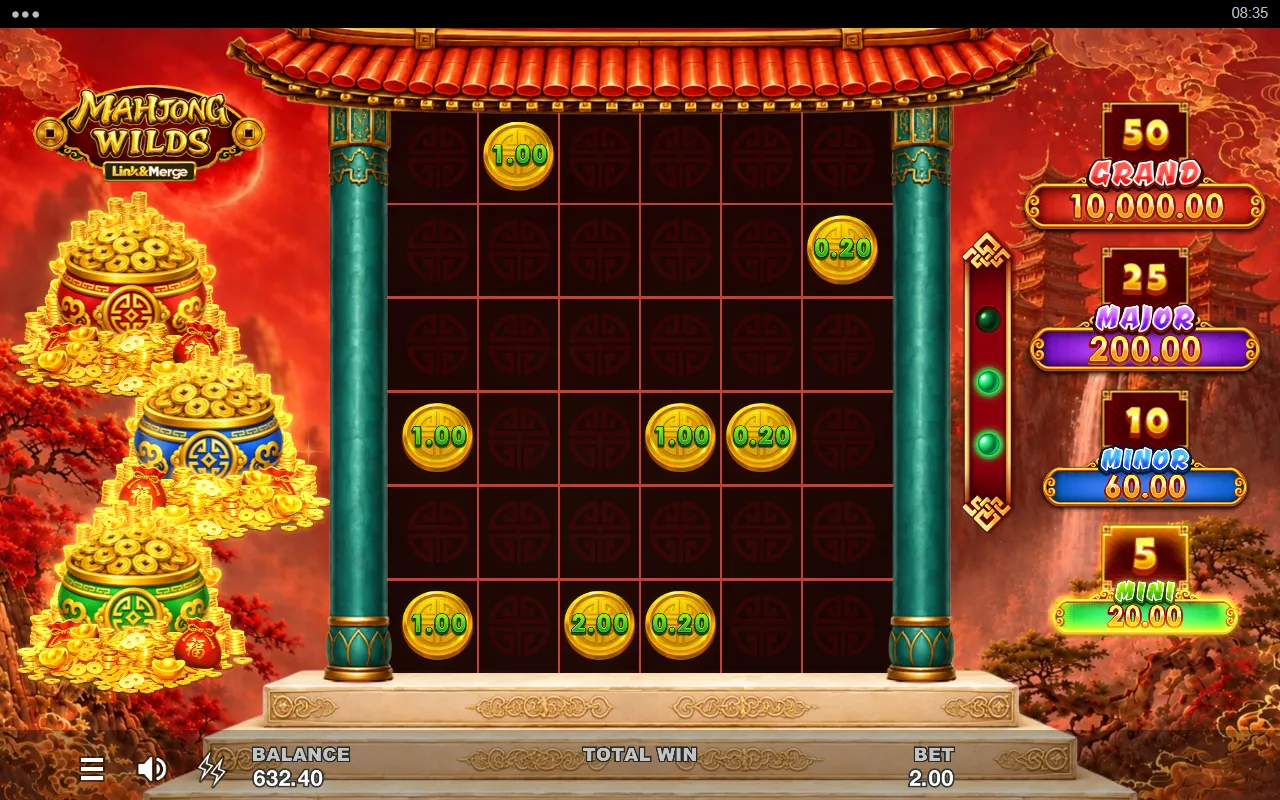 Opening board of a bought Link and Merge round with eight coins on a dark grid and the four jackpot tiers listed at the right