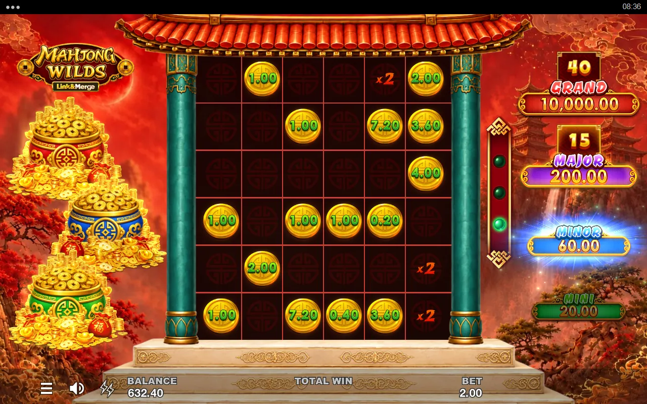 Link and Merge round in progress, gold coins printing cash values on a dark grid with x2 multiplier cells and the jackpot ladder at the right