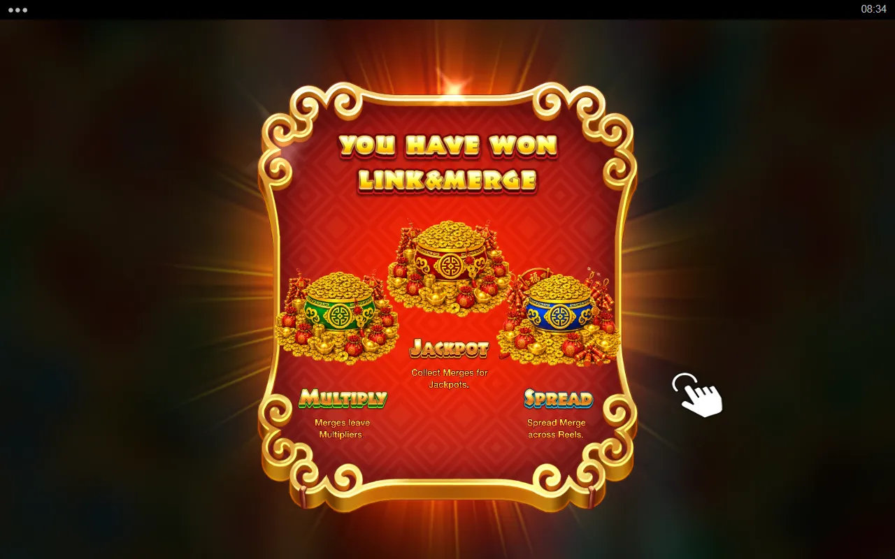 Award card reading YOU HAVE WON LINK AND MERGE with three gold pots labelled Multiply, Jackpot and Spread