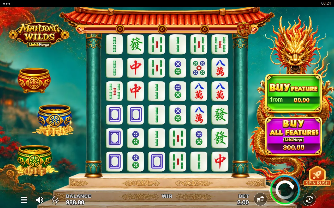 Full 6x6 grid of mahjong tiles inside a pagoda gate with three fortune pots at the left and the buy panels on the dragon at the right
