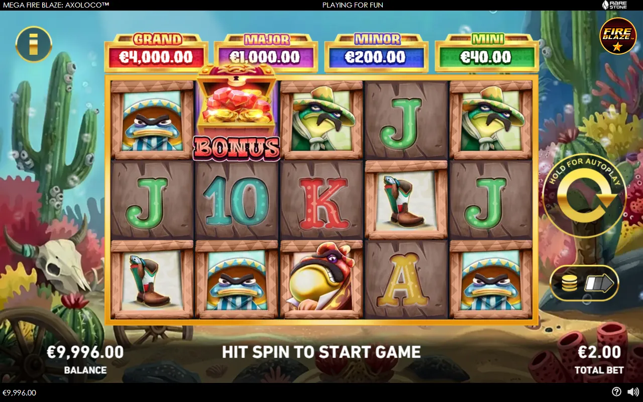 5x3 reels showing axolotl bandits, a boot symbol and one treasure chest scatter, with a 9,996 euro balance