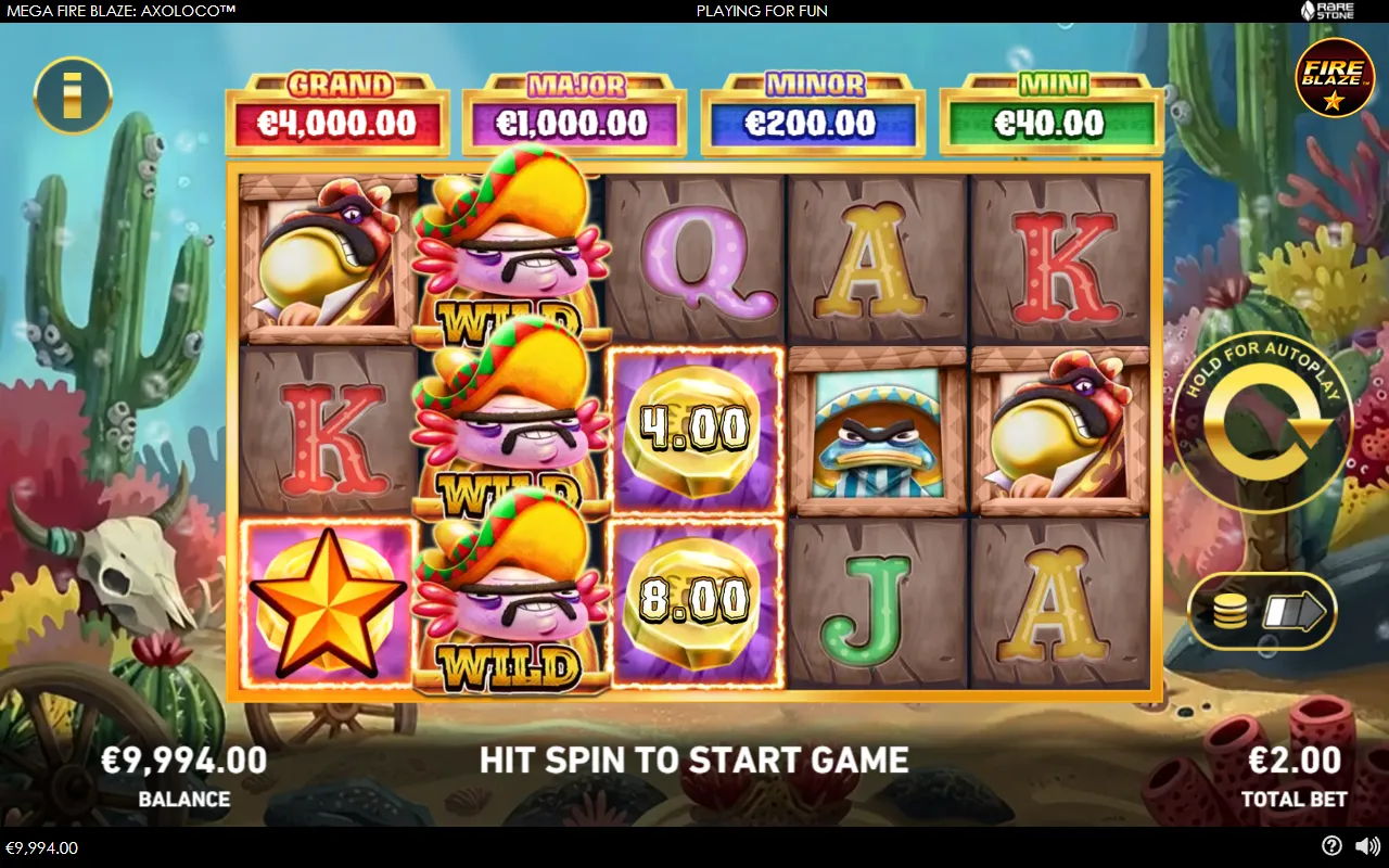 Three stacked wild axolotls on reel two beside a gold star tile and prize coins reading 4.00 and 8.00
