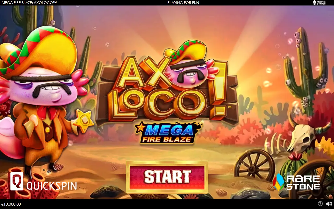 Axoloco entry screen with an axolotl sheriff in a sombrero beside the Axoloco logo in a desert of cactus and coral