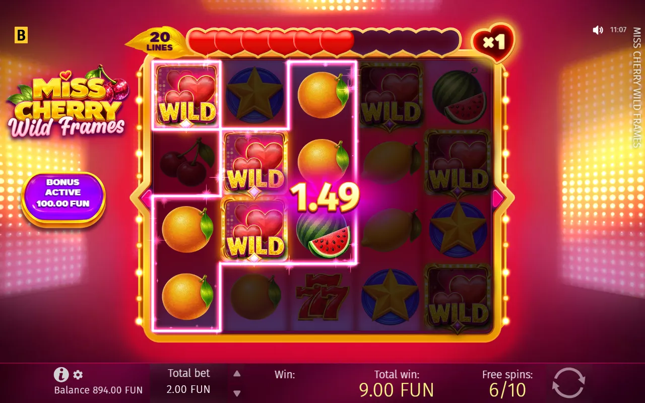 Free spins round with six sticky Wild symbols locked across the reels and a 1.49 win being paid