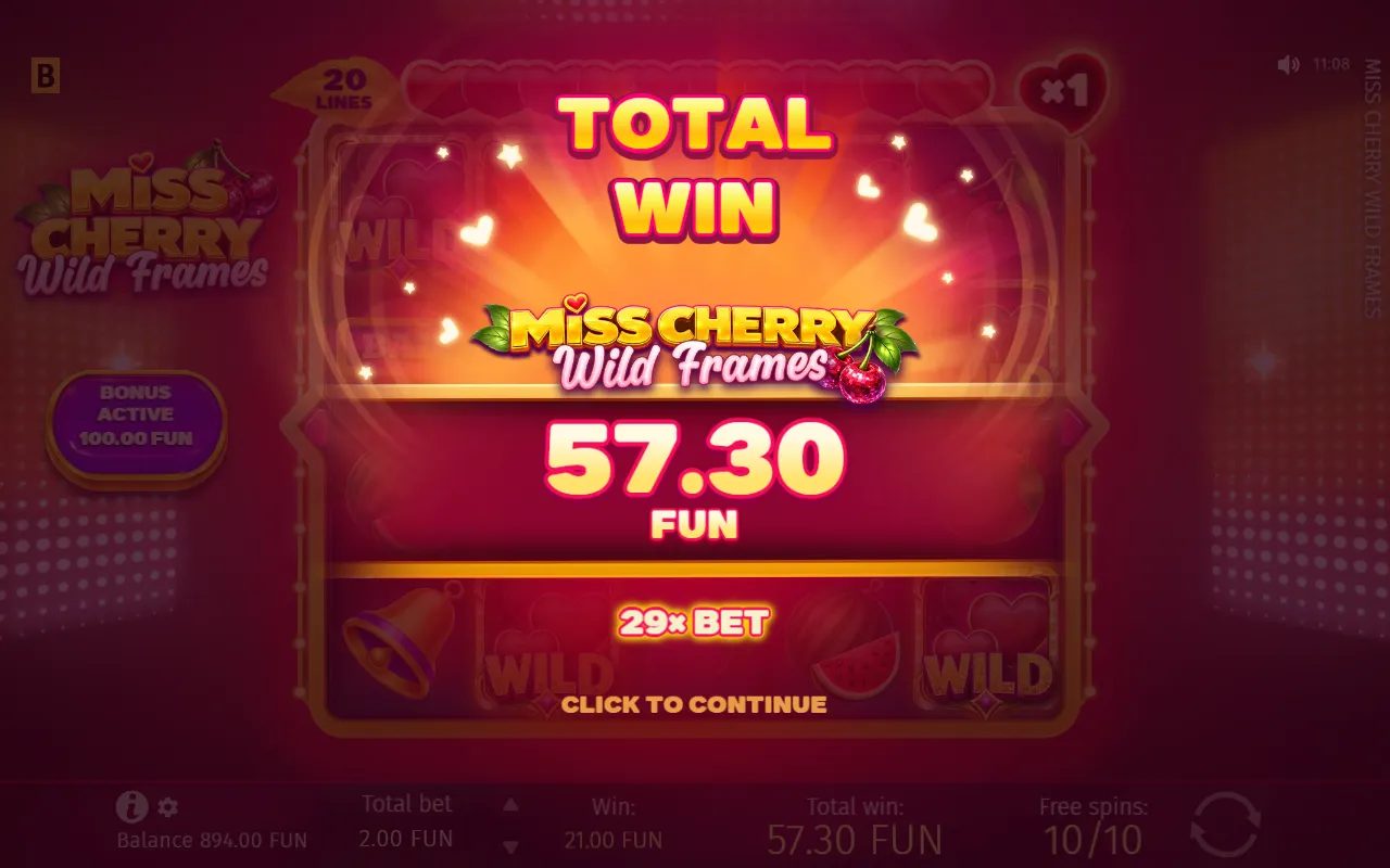 Total win screen reading 57.30 FUN and 29x bet at the end of the free spins round