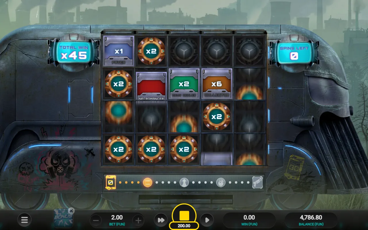 Money Train 5 bonus round grid shifting left under a Ticket with Necromancer, Payer and Collector on the reels