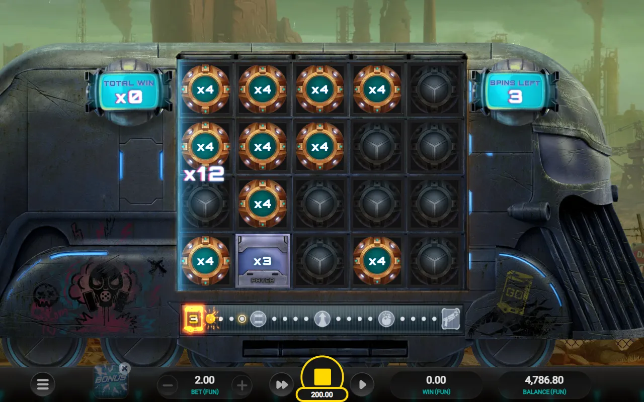 Money Train 5 bonus round opening on a 5x4 grid with ten x4 coin values and a Payer symbol adding x12